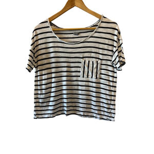 AERIE White & Black Striped Crew Neck Short Sleeve Cropped Tee Shirt S